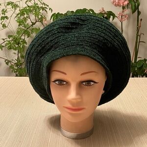 Elegant Hunter Green Chenille Hat with Multi Colored Rose Accents